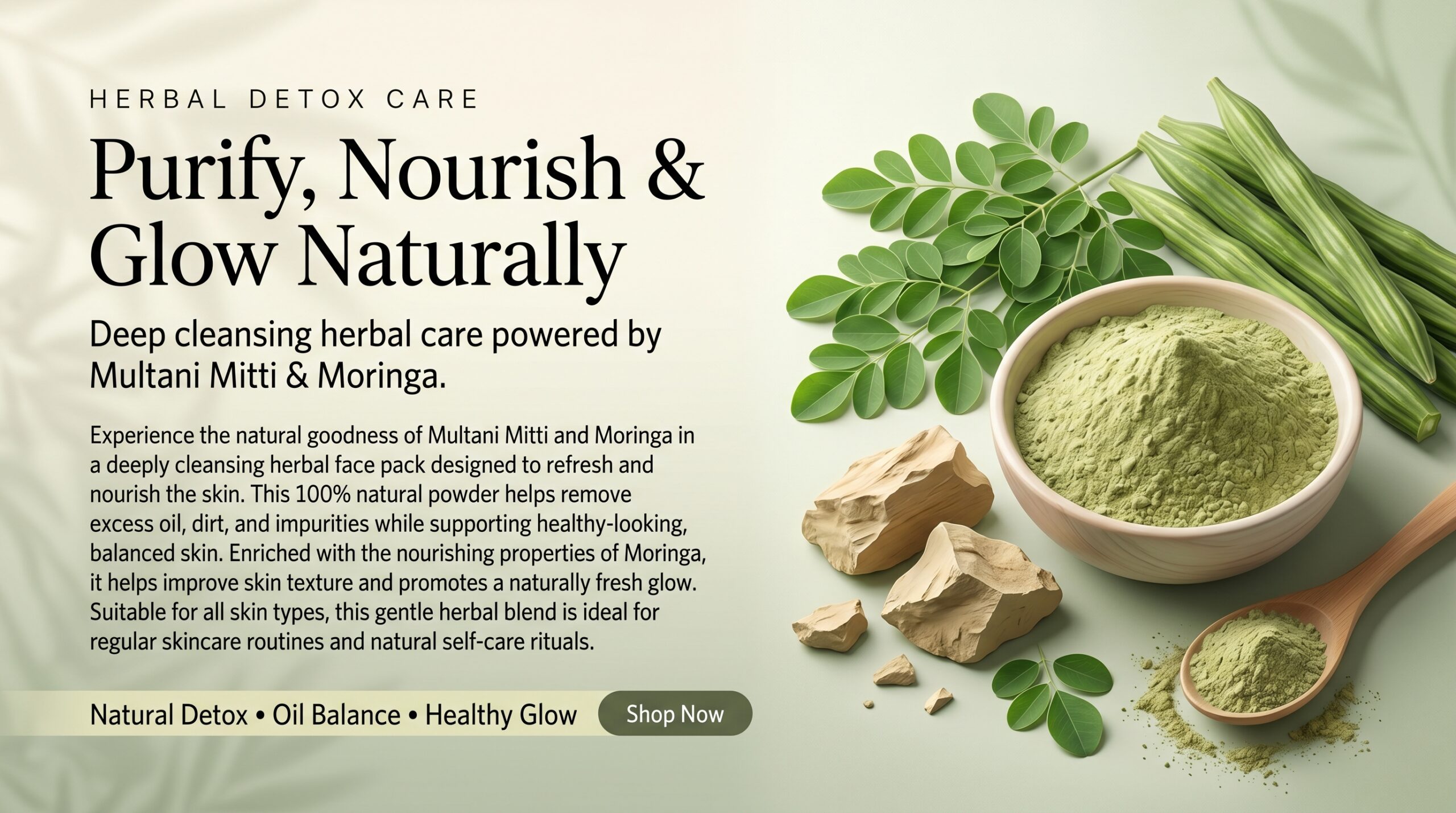 Blushe Natural multani mitti moringa face pack powder | 100% natural skin detox & glow face pack | deep cleansing, nourishing & oil balance | herbal face pack for all skin types