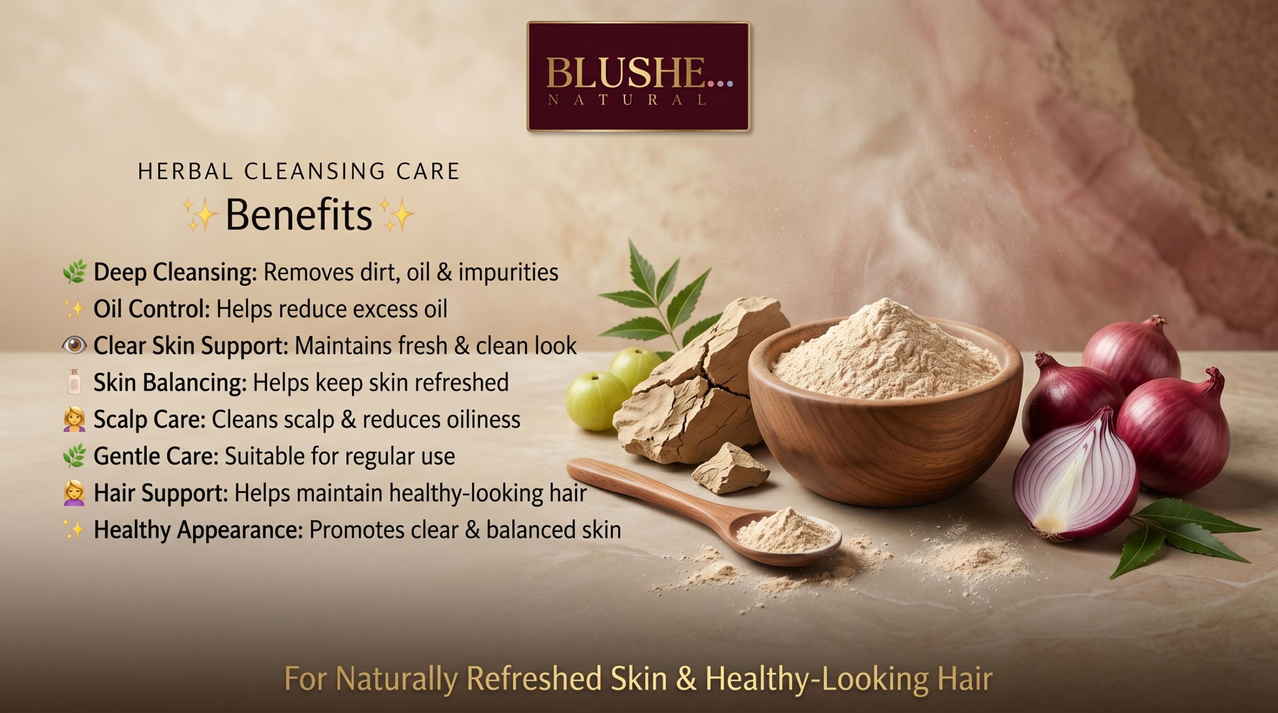 Blushe Natural multani mitti onion face pack powder | 100% natural skin & hair care | deep cleansing, oil control & scalp care | anti acne herbal face & hair pack for oily & acne prone skin