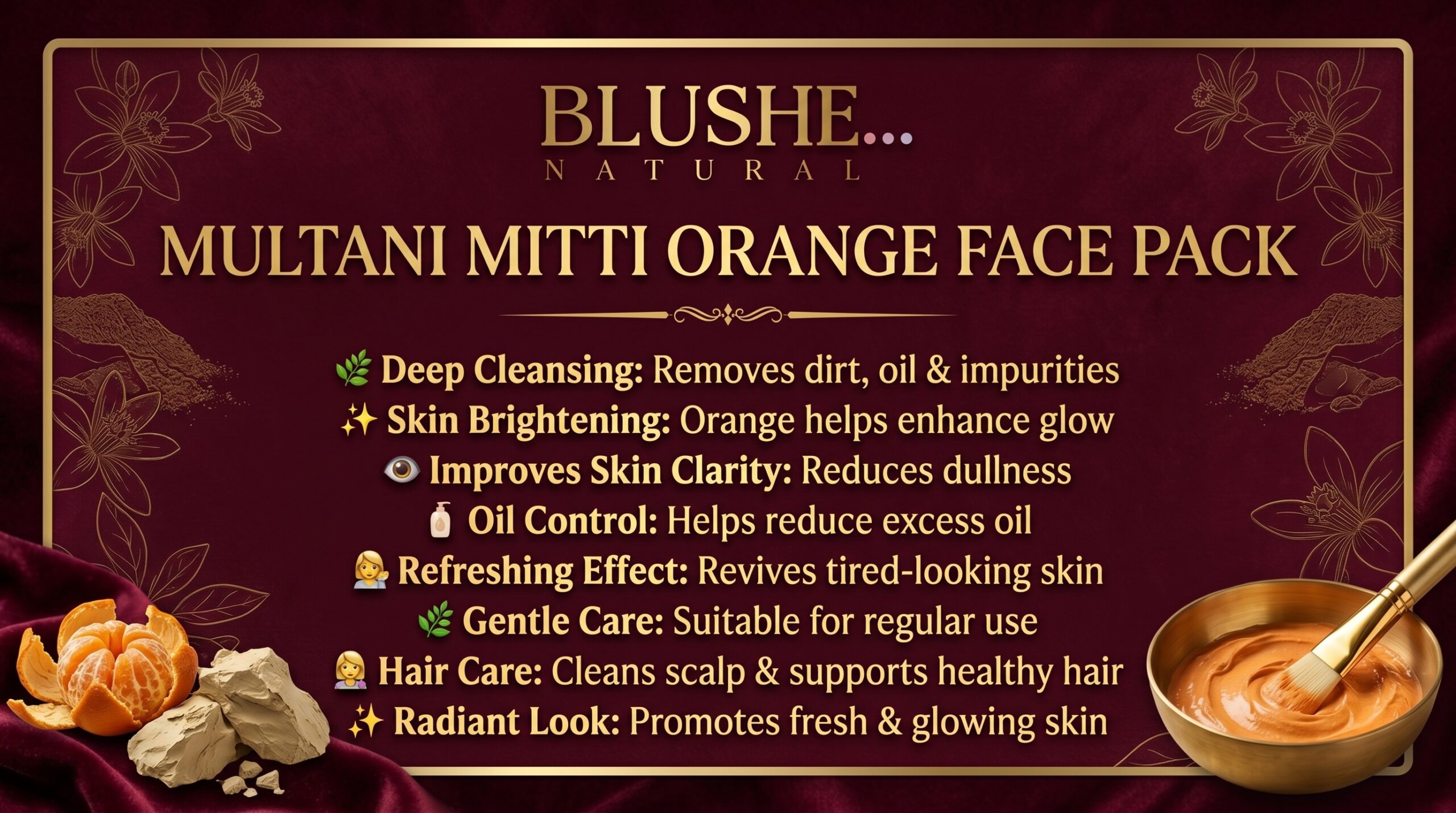 Blushe Natural multani mitti orange face pack powder | 100% natural skin brightening & glow face pack | deep cleansing, oil control & tan removal | herbal face pack for dull & oily skin | all skin types