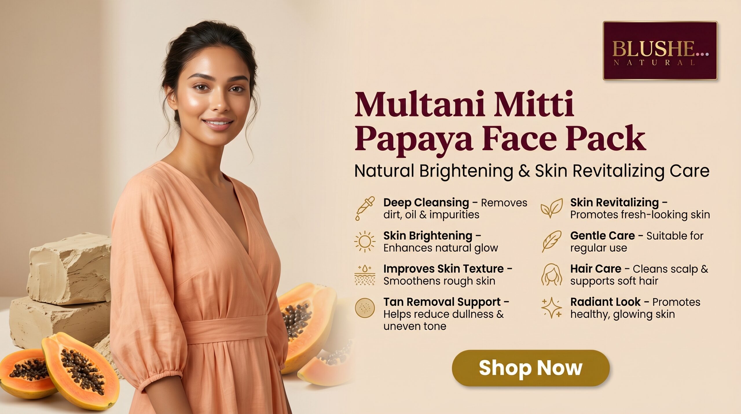 Blushe Natural multani mitti papaya face pack powder | 100% natural skin brightening, tan removal & deep cleansing face pack | herbal glow & even skin tone for dull skin | all skin types