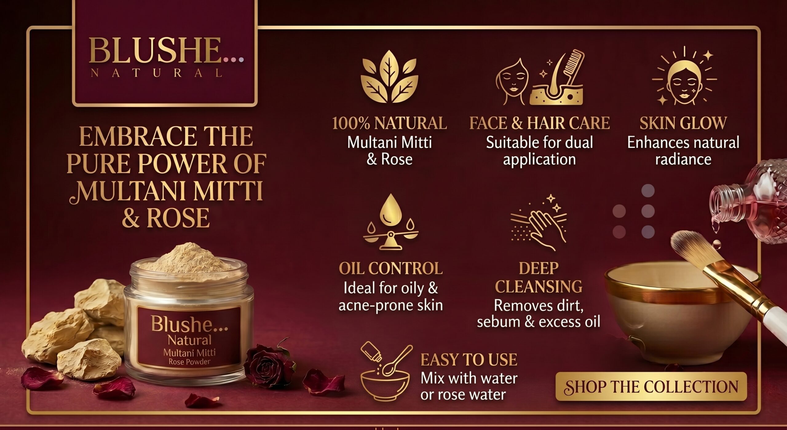 Blushe Natural multani mitti rose face pack powder | 100% natural fuller’s earth & rose | skin glow, oil control & deep cleansing | soothing & hydrating face & hair pack | mix with water/rose water