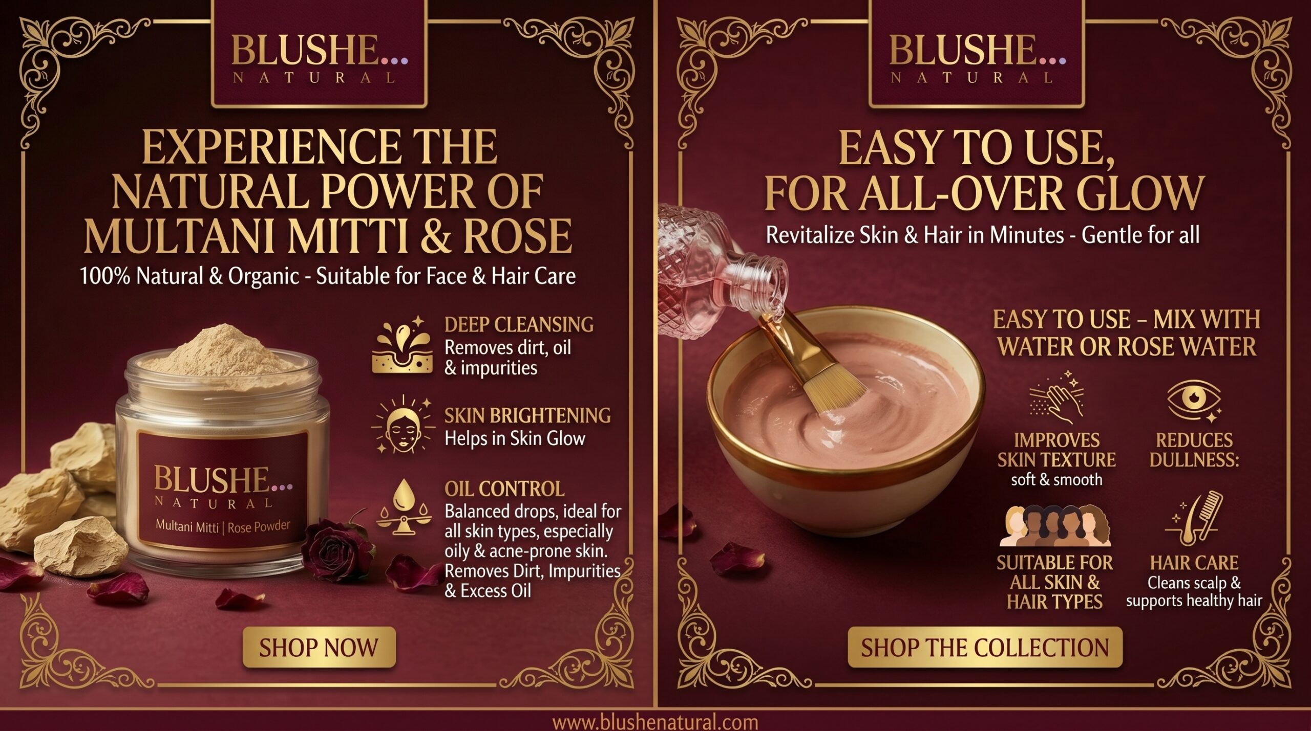 Blushe Natural multani mitti rose face pack powder | 100% natural fuller’s earth & rose | skin glow, oil control & deep cleansing | soothing & hydrating face & hair pack | mix with water/rose water