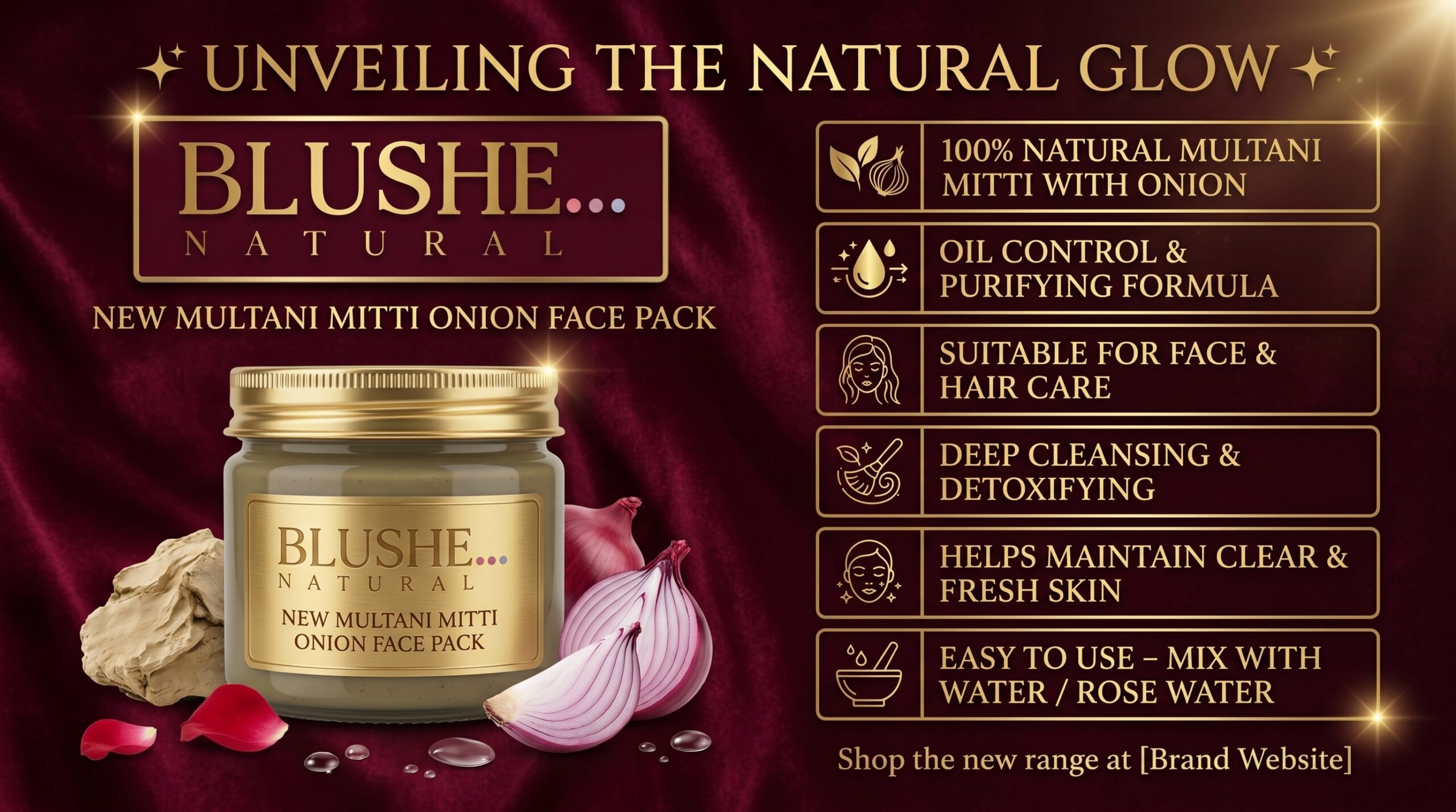 Blushe Natural multani mitti onion face pack powder | 100% natural skin & hair care | deep cleansing, oil control & scalp care | anti acne herbal face & hair pack for oily & acne prone skin