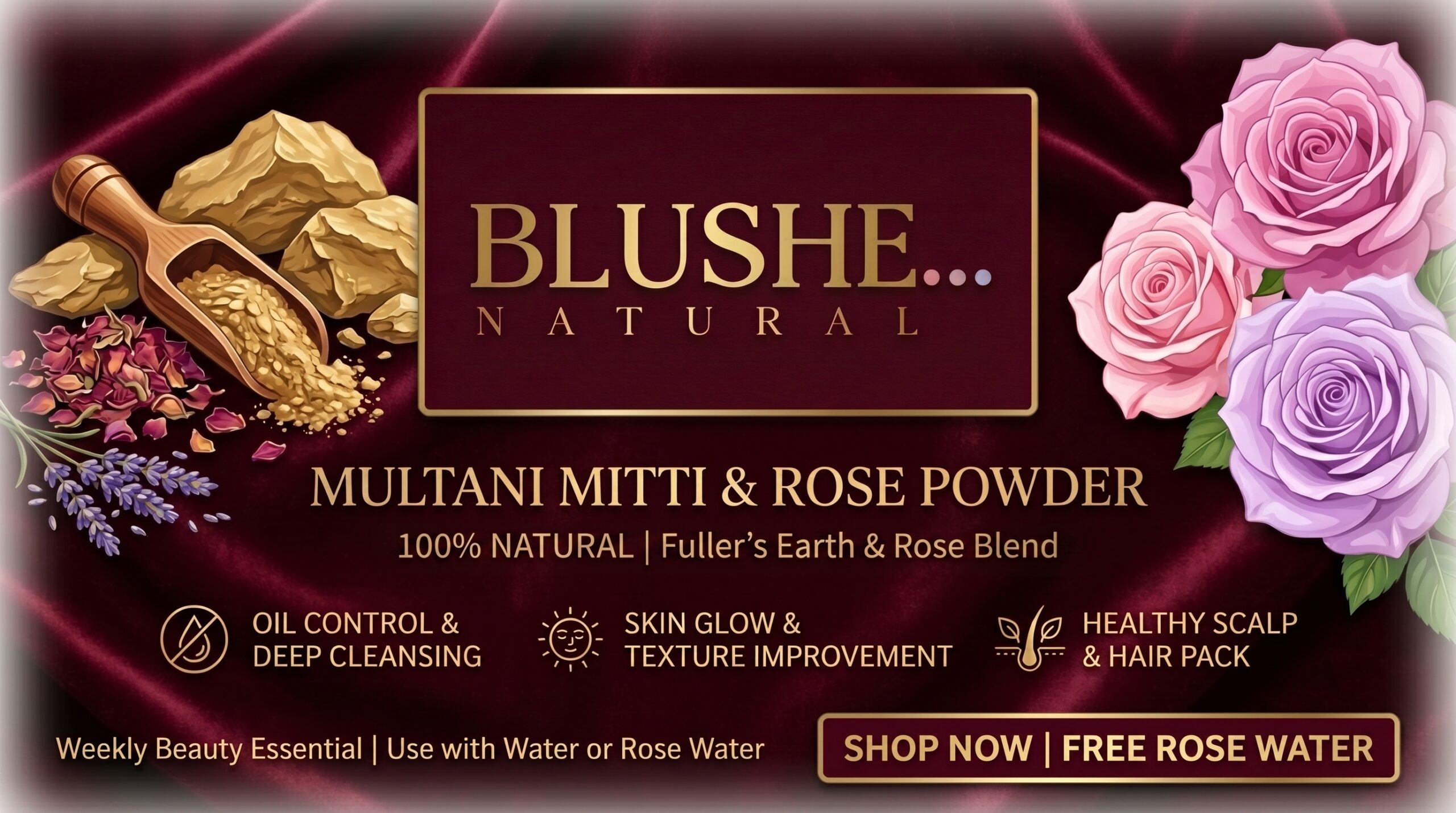 Blushe Natural multani mitti rose face pack powder | 100% natural fuller’s earth & rose | skin glow, oil control & deep cleansing | soothing & hydrating face & hair pack | mix with water/rose water