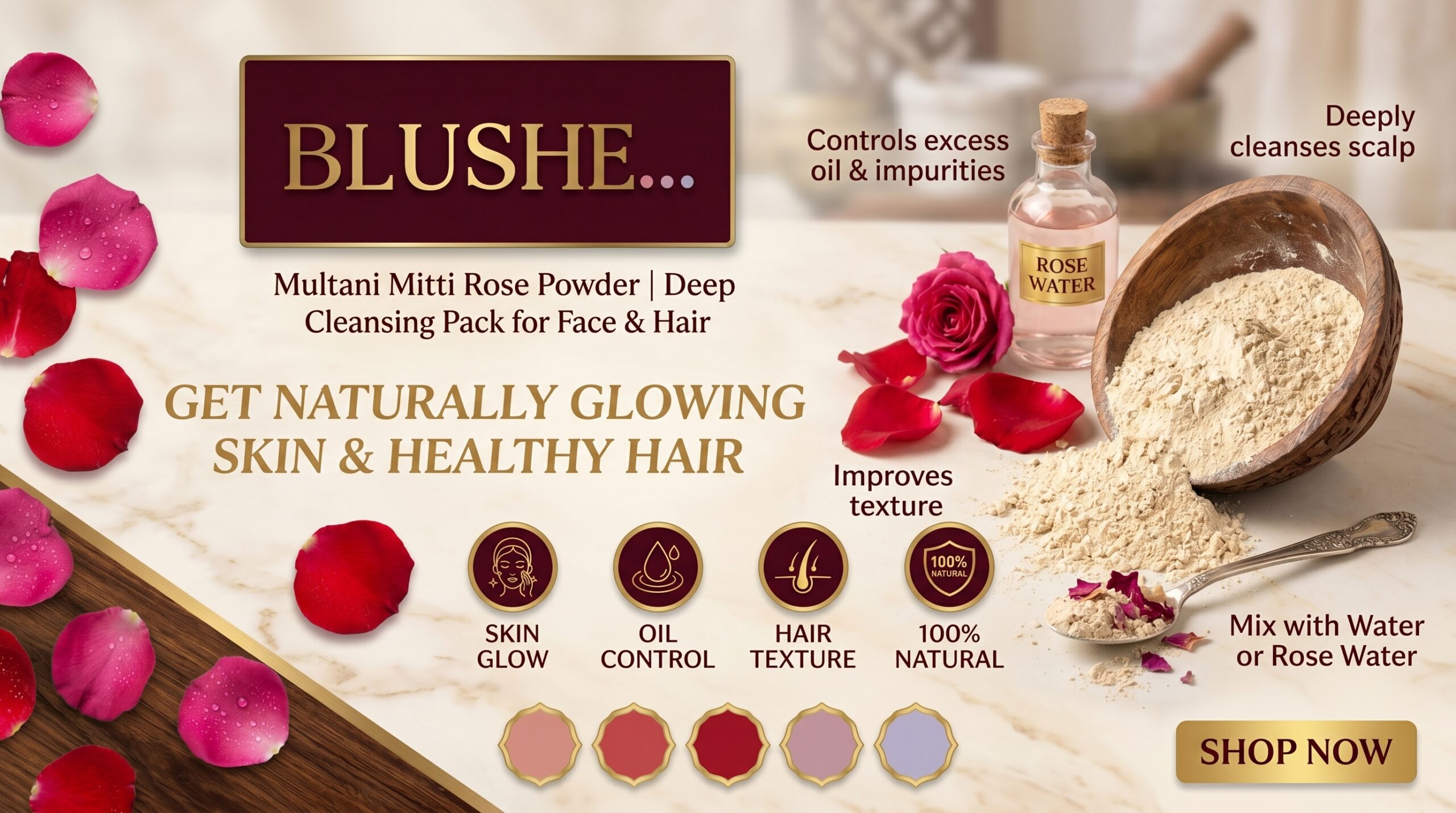 Blushe Natural multani mitti rose face pack powder | 100% natural fuller’s earth & rose | skin glow, oil control & deep cleansing | soothing & hydrating face & hair pack | mix with water/rose water