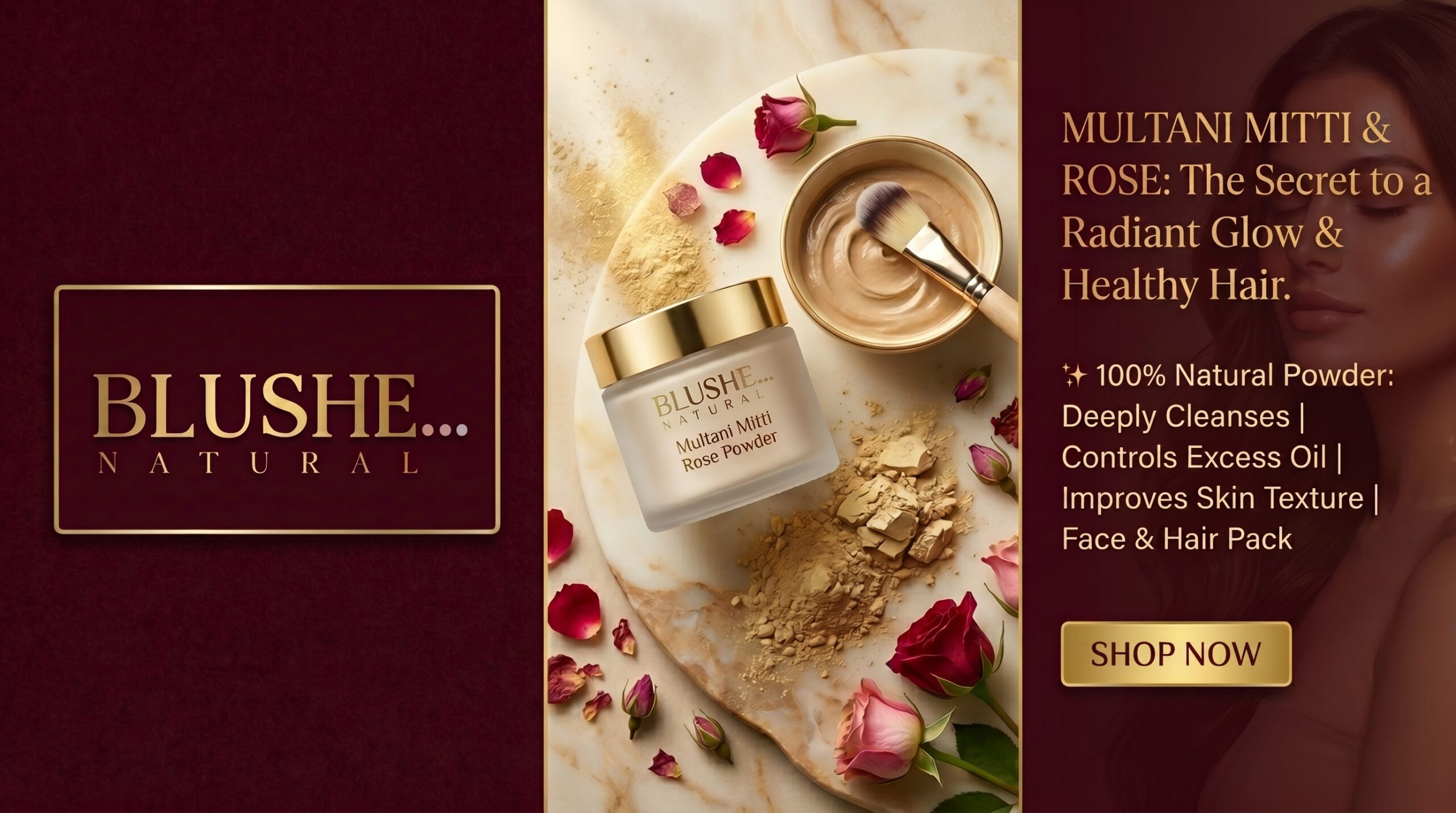 Blushe Natural multani mitti rose face pack powder | 100% natural fuller’s earth & rose | skin glow, oil control & deep cleansing | soothing & hydrating face & hair pack | mix with water/rose water