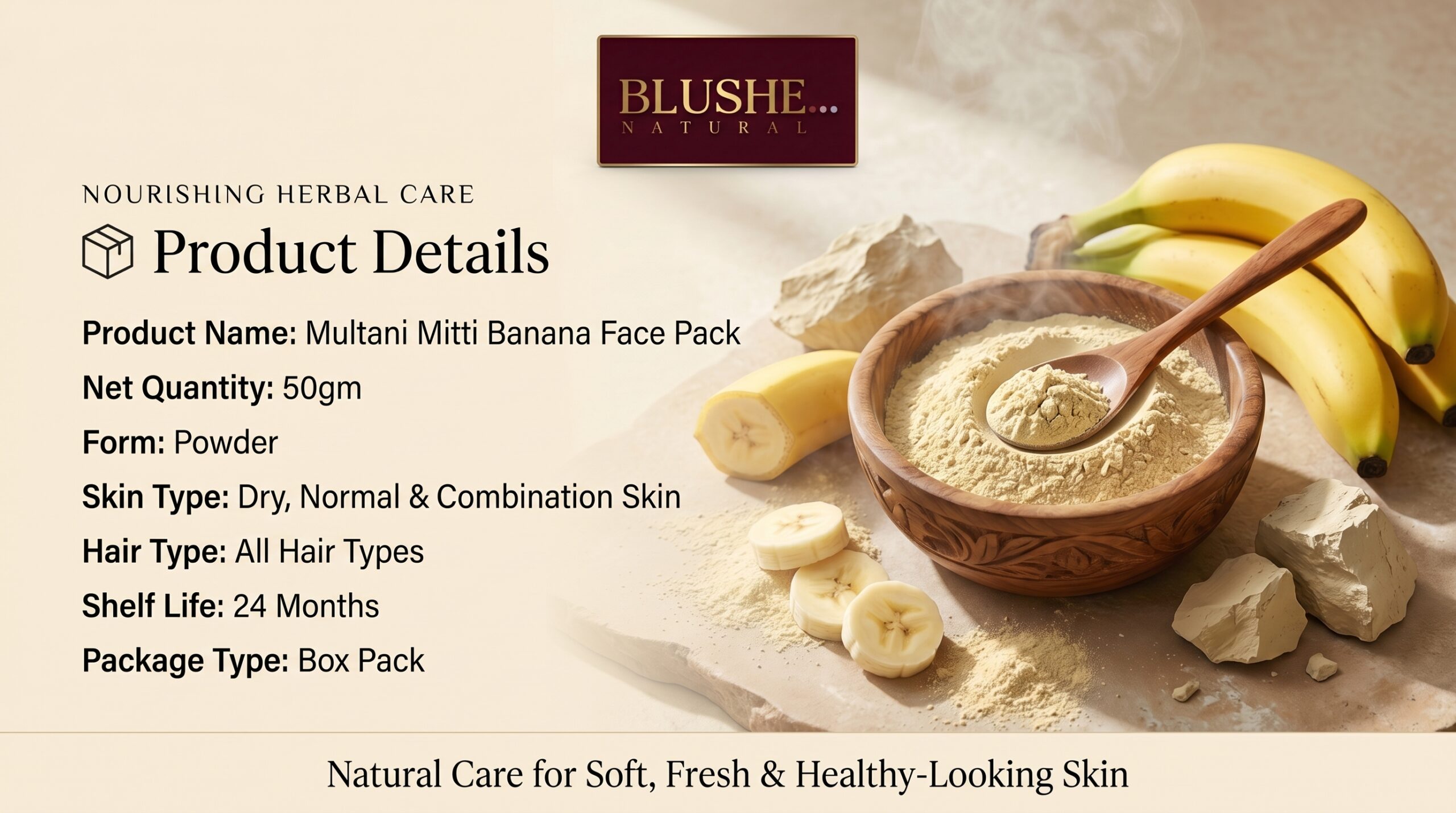 blushup multani mitti banana face pack powder | 100% natural skin glow, deep cleansing & nourishing face pack | hydrating & soft skin care | herbal face pack for dry & normal skin | all skin types