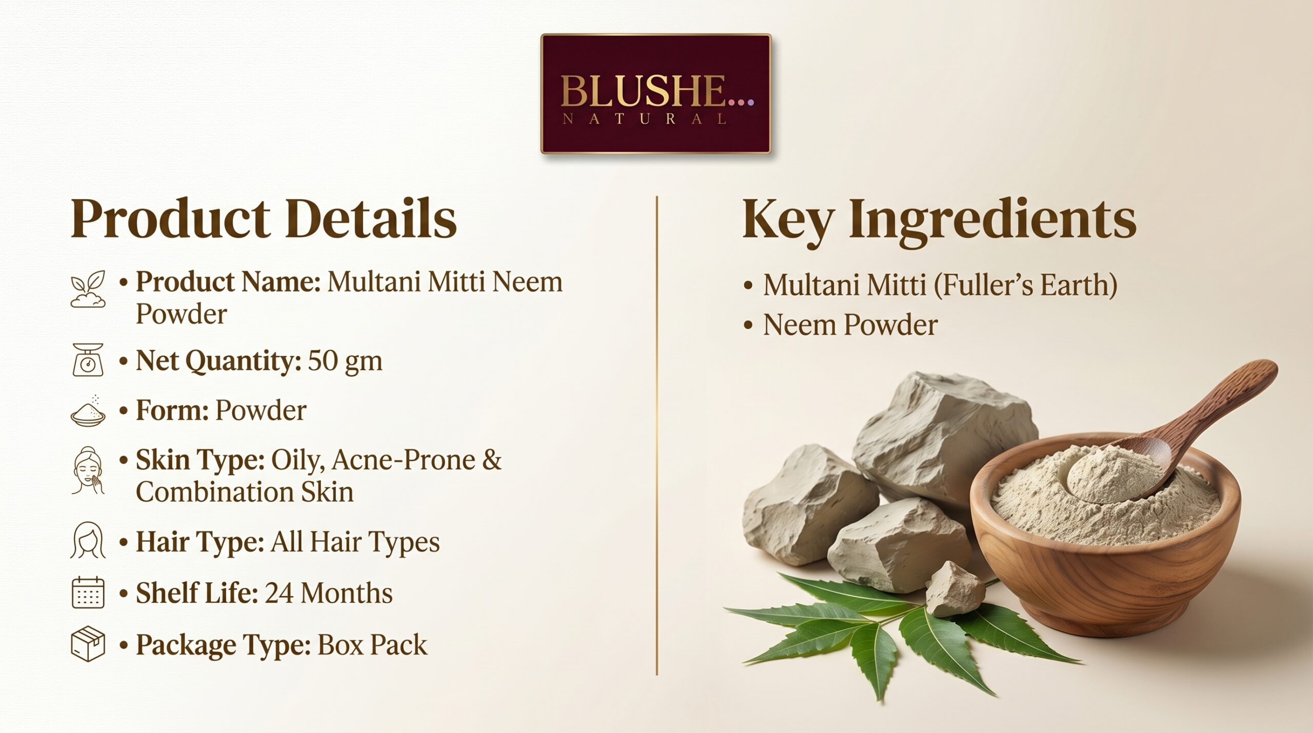 blushup by ps jain multani mitti neem face pack powder | 100% natural fuller’s earth & neem | skin glow, oil control & deep cleansing | anti acne herbal face & hair pack | mix with water/rose water