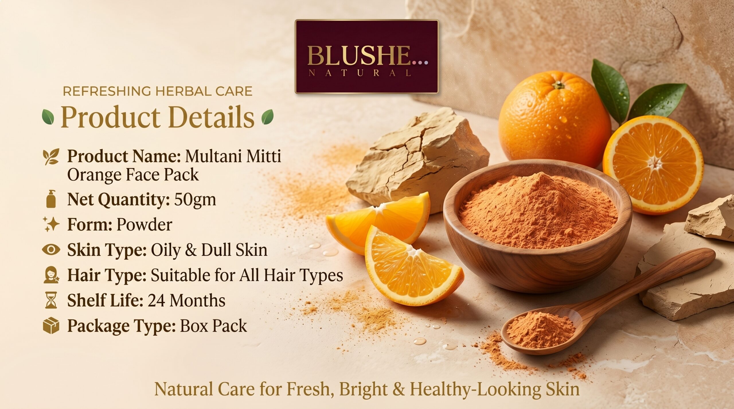 Blushe Natural multani mitti orange face pack powder | 100% natural skin brightening & glow face pack | deep cleansing, oil control & tan removal | herbal face pack for dull & oily skin | all skin types