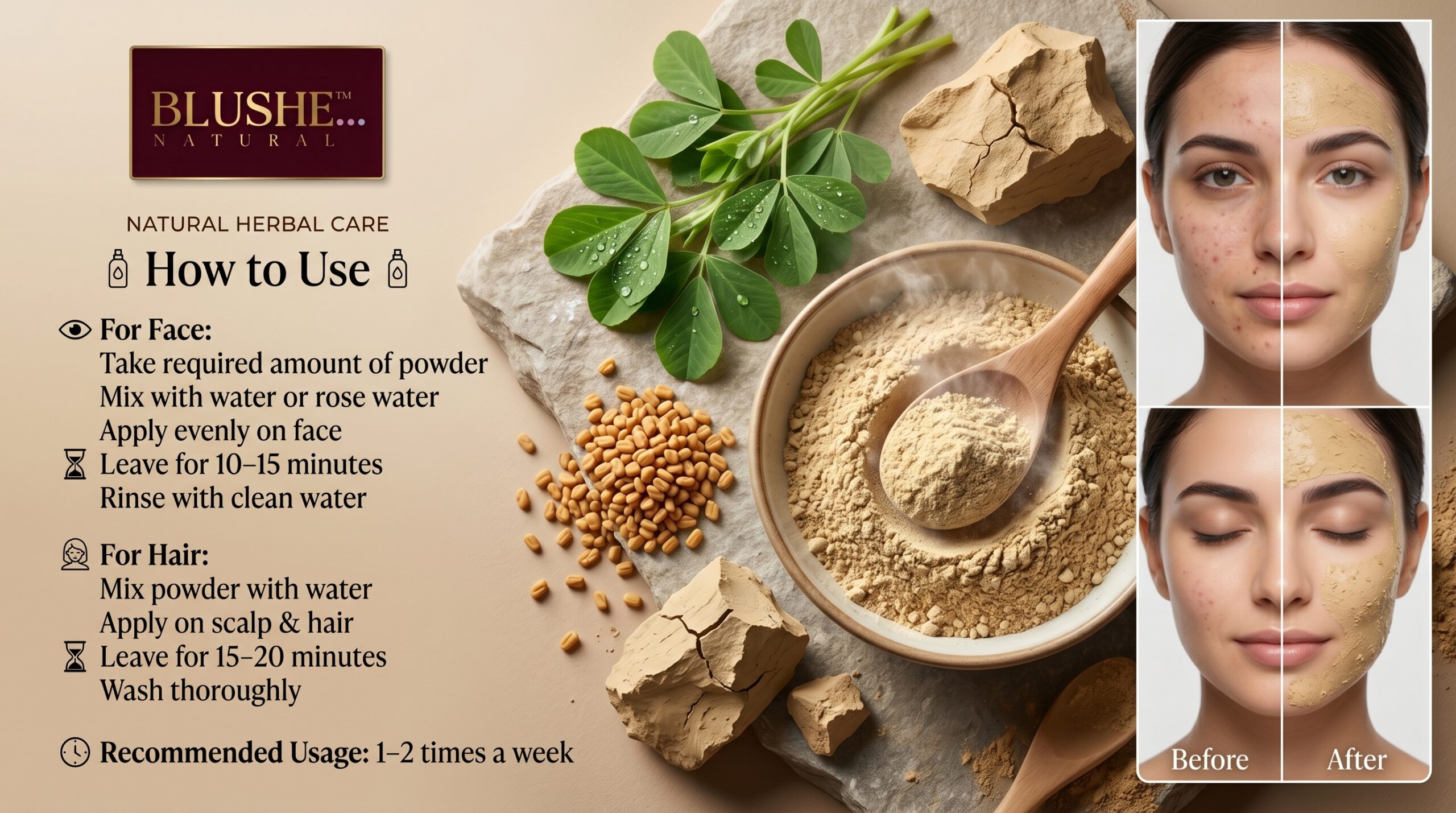 blushe natural multani mitti methi face pack powder | 100% natural skin & hair care | deep cleansing, oil control & nourishing | herbal face & hair pack for oily & combination skin