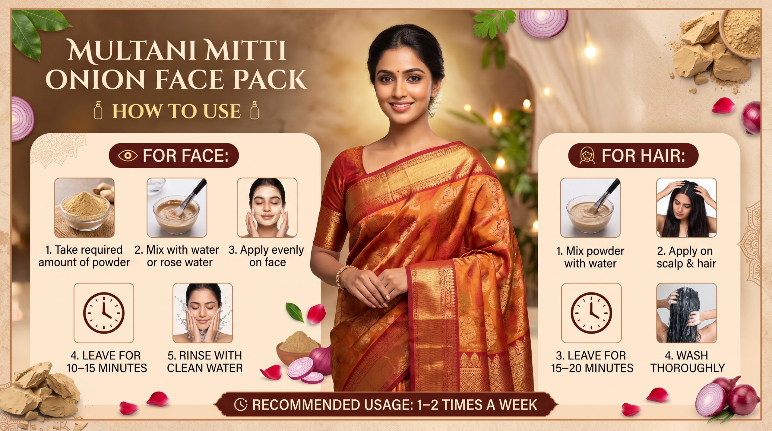 Blushe Natural multani mitti onion face pack powder | 100% natural skin & hair care | deep cleansing, oil control & scalp care | anti acne herbal face & hair pack for oily & acne prone skin