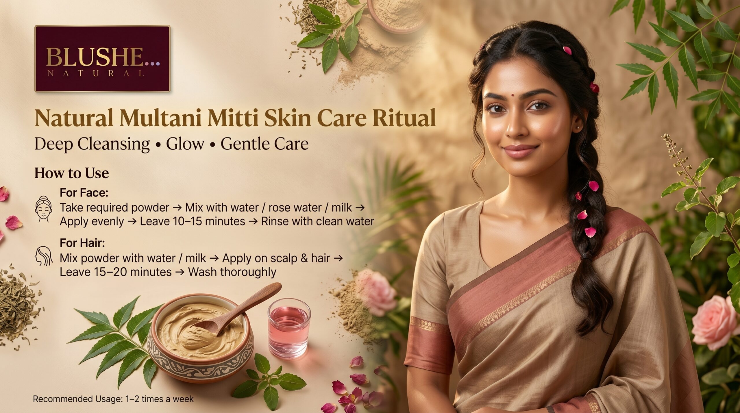 blushe natural multani mitti & sandal face pack powder | 100% natural herbal skin brightening face pack for glow, deep cleansing, oil control & acne care | ayurvedic ubtan powder for all skin types