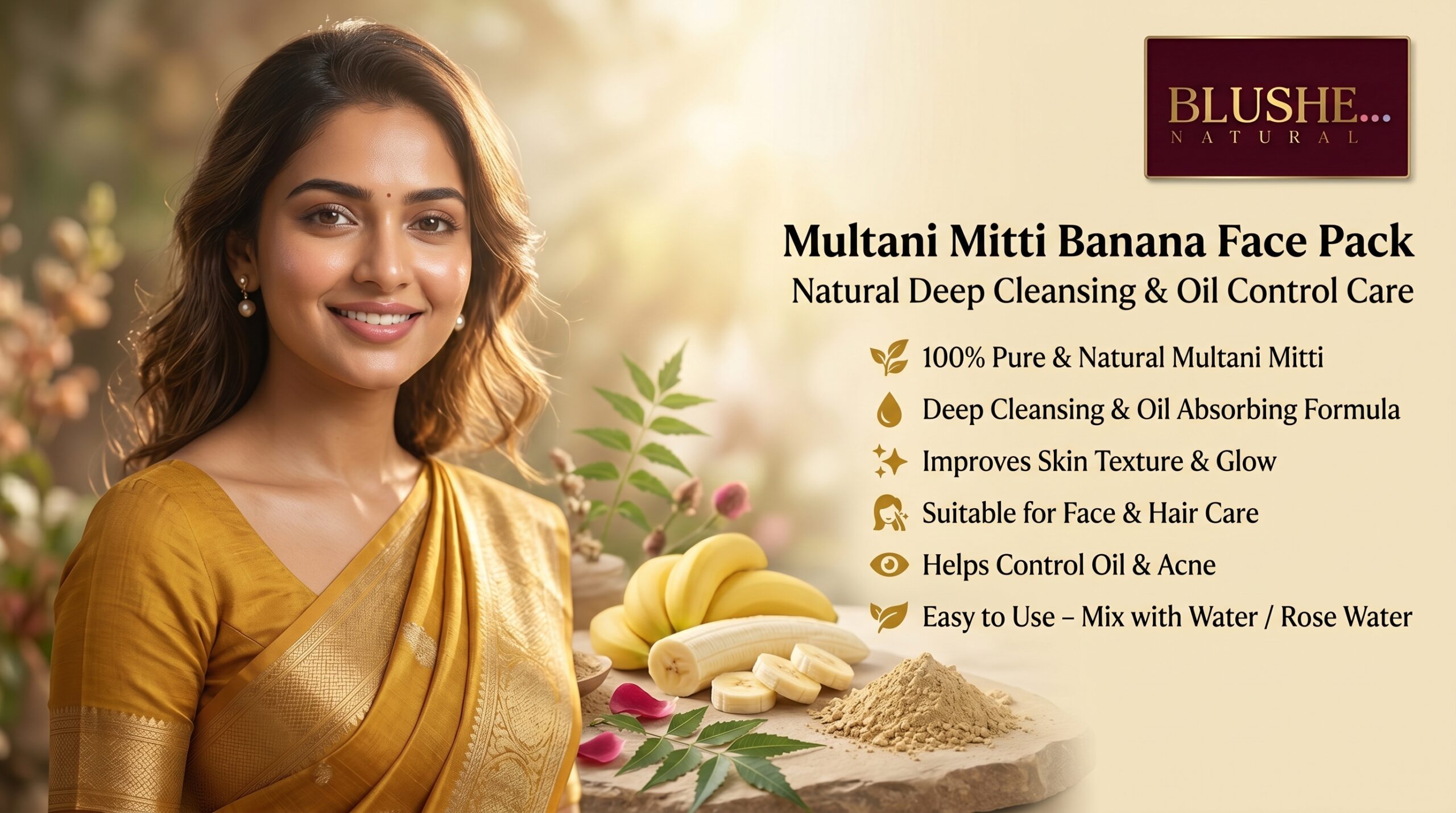 blushup multani mitti banana face pack powder | 100% natural skin glow, deep cleansing & nourishing face pack | hydrating & soft skin care | herbal face pack for dry & normal skin | all skin types