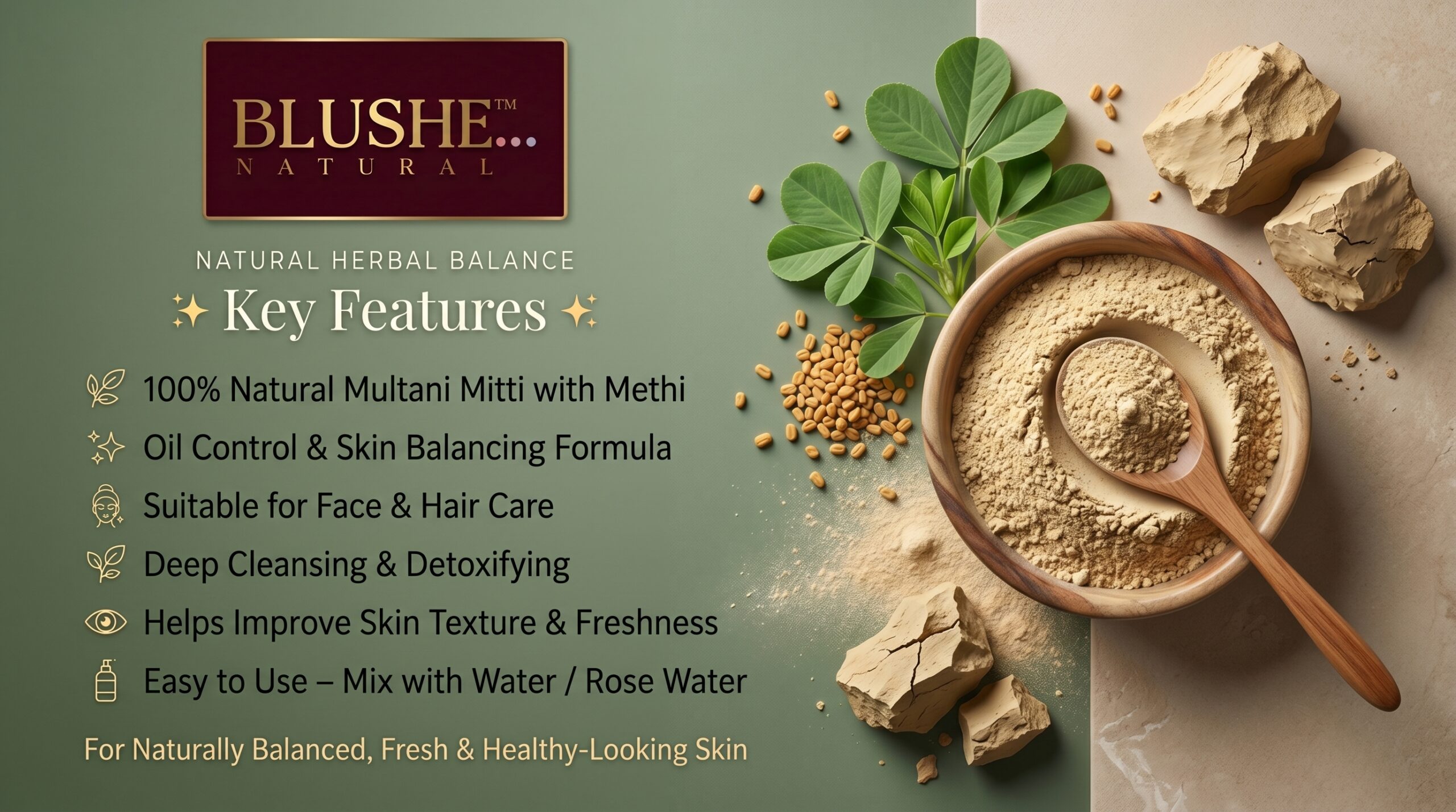 blushe natural multani mitti methi face pack powder | 100% natural skin & hair care | deep cleansing, oil control & nourishing | herbal face & hair pack for oily & combination skin