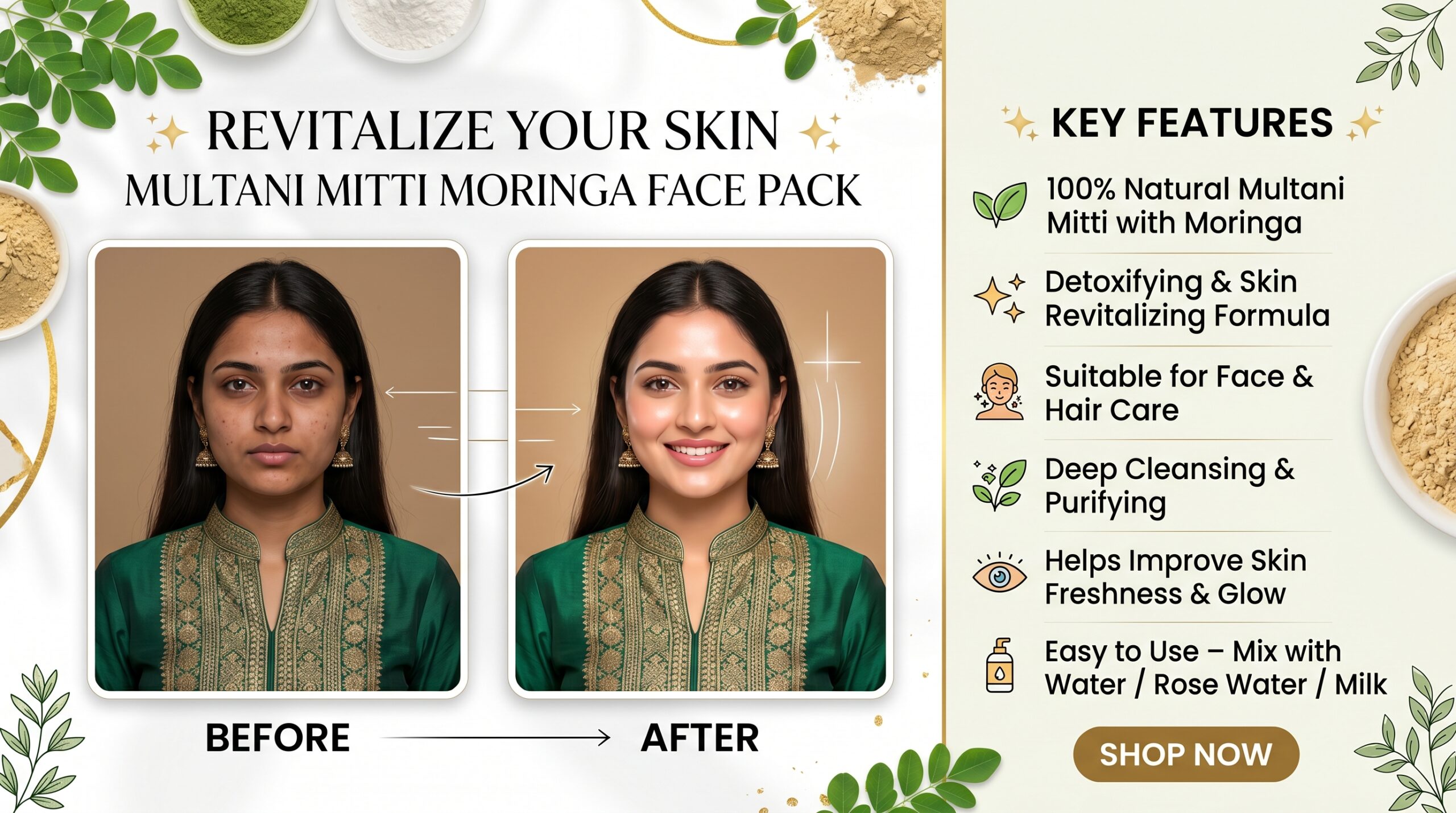 Blushe Natural multani mitti moringa face pack powder | 100% natural skin detox & glow face pack | deep cleansing, nourishing & oil balance | herbal face pack for all skin types