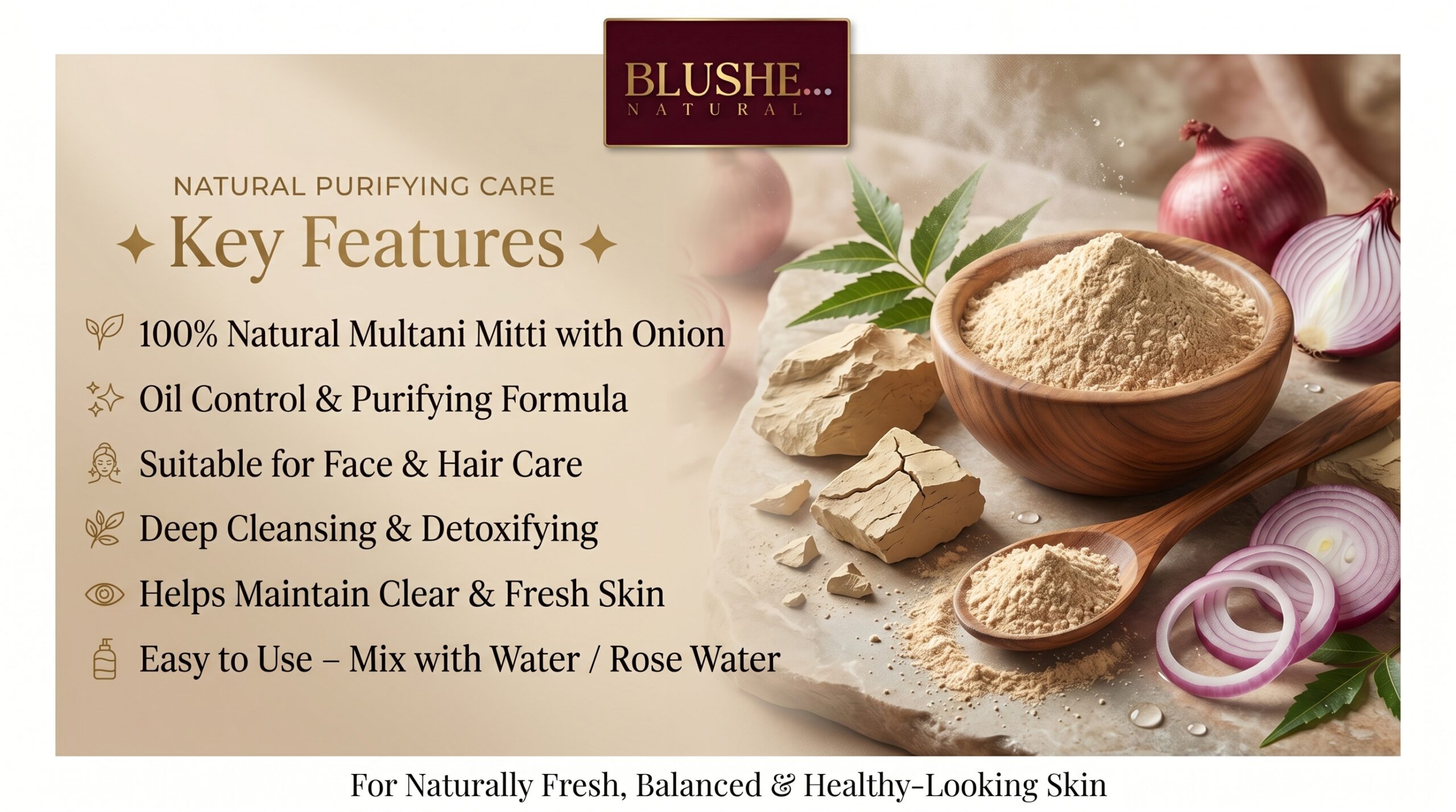 Blushe Natural multani mitti onion face pack powder | 100% natural skin & hair care | deep cleansing, oil control & scalp care | anti acne herbal face & hair pack for oily & acne prone skin