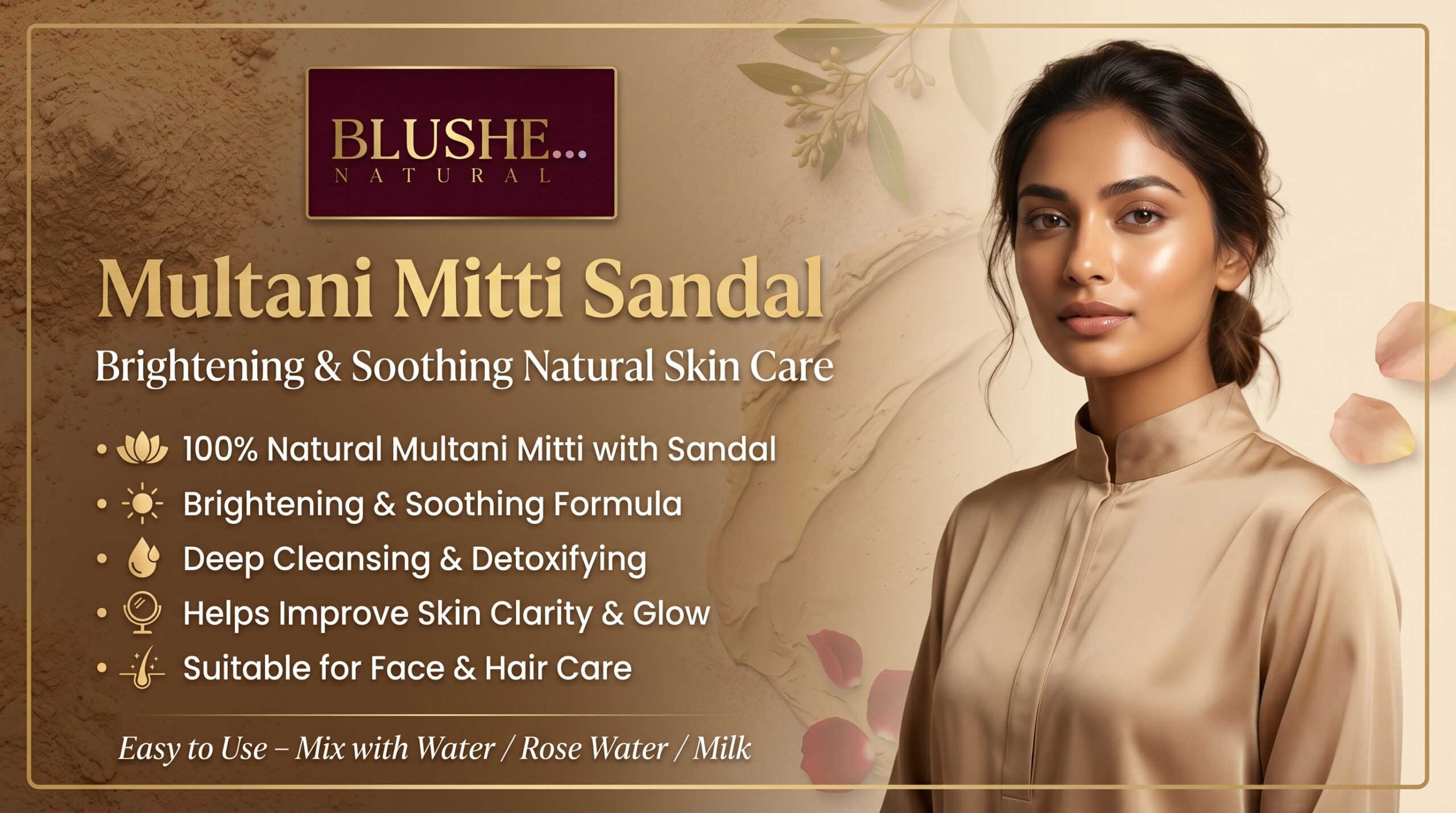 blushe natural multani mitti & sandal face pack powder | 100% natural herbal skin brightening face pack for glow, deep cleansing, oil control & acne care | ayurvedic ubtan powder for all skin types